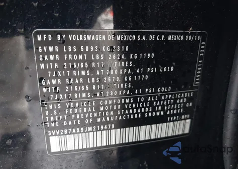 2018 Volkswagen Tiguan 2.0T Se/2.0T Sel из США, поврежденный, VIN 3VV2B7AX9JM219479